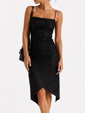 Vintage 90s City Triangles Black & Silver Shimmery V-Shaped Hem Midi Dress